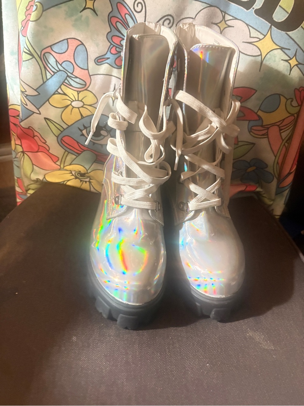 Dolls Kill Iridescent Holographic Combat Boots with White Laces
